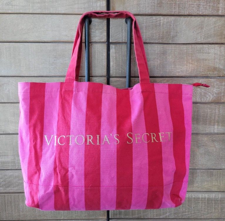 VICTORIA'S SECRET TOTE BAG LARGE 29 x 20 PINK CANVAS STRIPES BEACH OVERNIGHT & SHOPPING