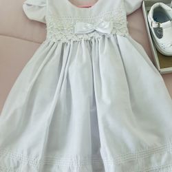 baptism dress, shoes and bows