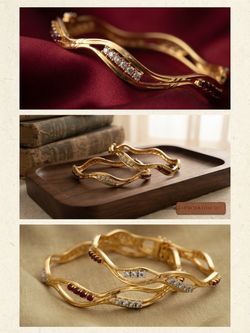 Gold Wave Bangle Bracelets with Red and White Stones