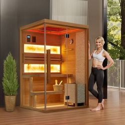 2-Person Steam Sauna - Energy-Efficient with Chromotherapy, 7-Color LED Lighting & Glass Design - Wood Color