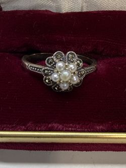 925 Sterling Silver Freshwater Pearl Marcasite Flower Ring Size 10 Vintage Style