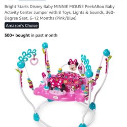 Bright Starts Disney Baby MINNIE MOUSE PeekABoo Baby Activity Center Jumper with 8 Toys, Lights & Sounds, 360-Degree Seat, 6-12 Months (Pink/Blue)