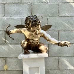 Vintage Bronze Cupid Cherub Statue 15.5”x 30”. 