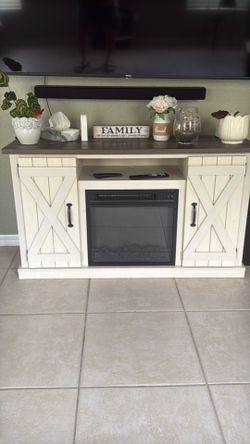 Beautiful TV Stand with Electric Fireplace – White/Birch