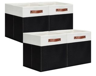 Set of 8 Collapsible Black and White with Leather Handle Storage Bins
