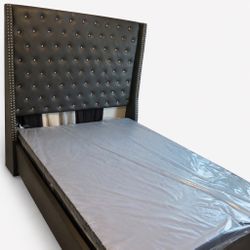 GREY Leather BED With Tall DIAMOND 💎 Headboard 😍😍