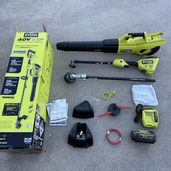 RYOBI 40V HP Brushless 650 CFM 160 MPH Cordless Leaf Blower and Carbon Fiber String Trimmer with 4Ah Battery and Charger