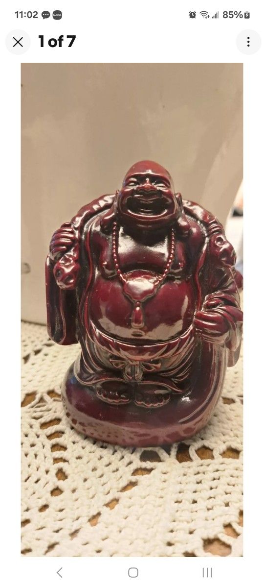 Laughing Buddha Statue Red Resin W/ Snake