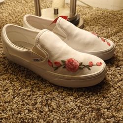 White Vans  with embroidered roses