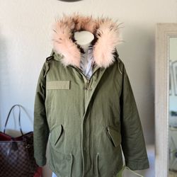 MAOMAOKONG Real Fox Racoon Fur Hood collar Jacket Sz S/M Pink Canvas Army