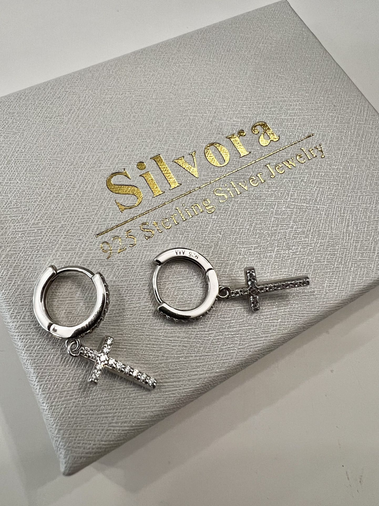 Silver cubic zirconia cross earrings