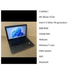 ( Laptop ) Hp Zbook 15 G4 Intel i7 2.9ghz 7th Generation Series 256gb SSD 8gb Ram Webcam Windows 11 Pro Wifi
