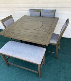 6-PC GRAY FINISHED HIGH TOP DINING SET WITH LAZY SUSAN (TABLE, PADDED BENCH AND 4 PADDED CHAIRS)