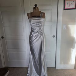Silver Satin Long Prom Or Homecoming Dress
