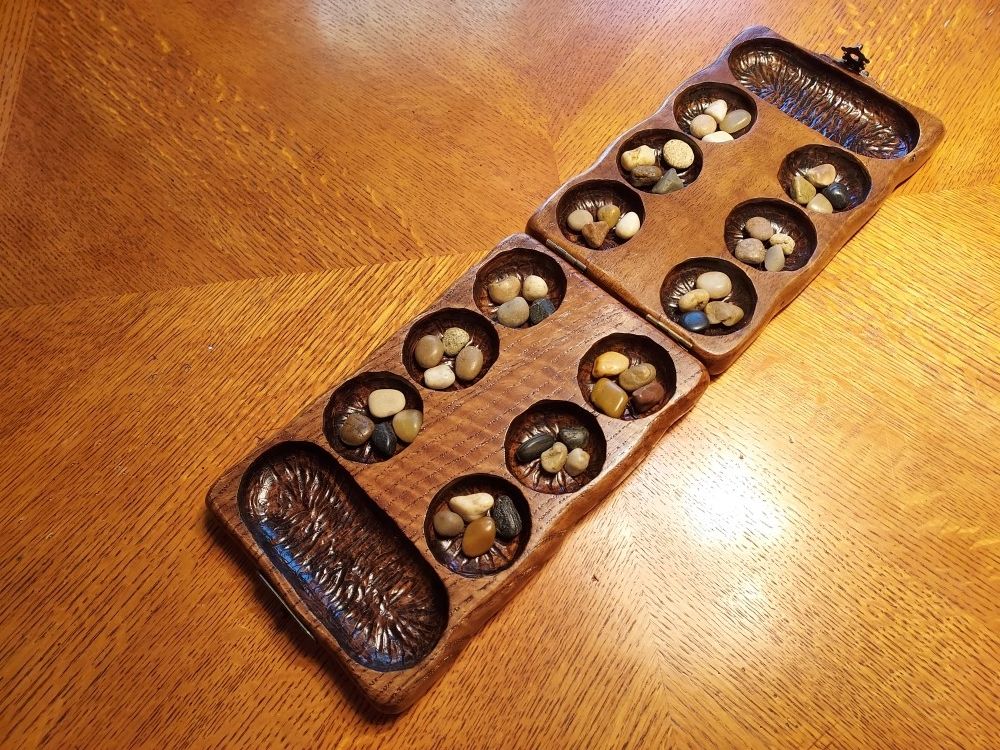 Hand Crafted Custom Made Solid Hadrwood Mancala Board GameWith Authentic River Stones