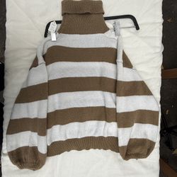 Brown and white striped turtleneck sweater (Medium)