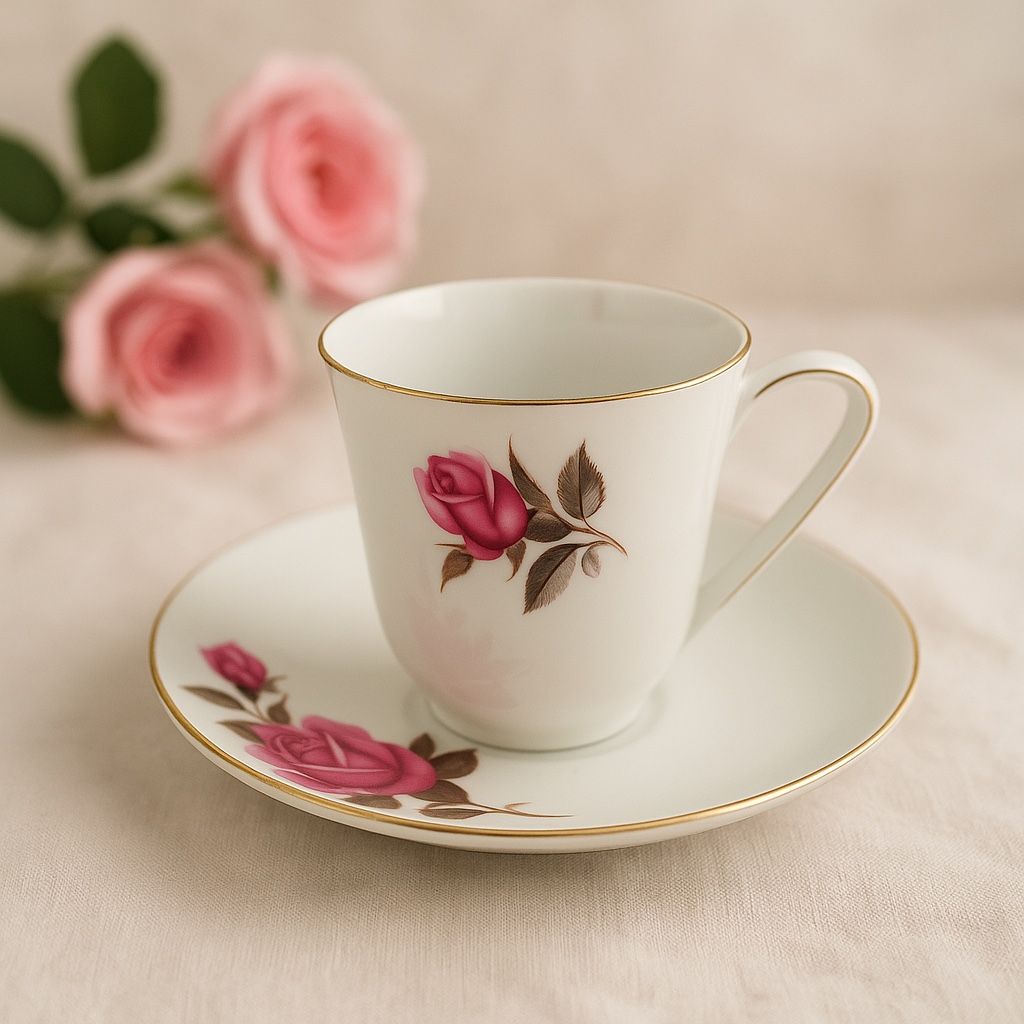 Chinese 1960s Pink Rose Gold Rim Demitasse Cup & Saucer