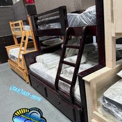 New Bunk Bed Dark Cherry Pine Twin/ Full / Full With Mattresses