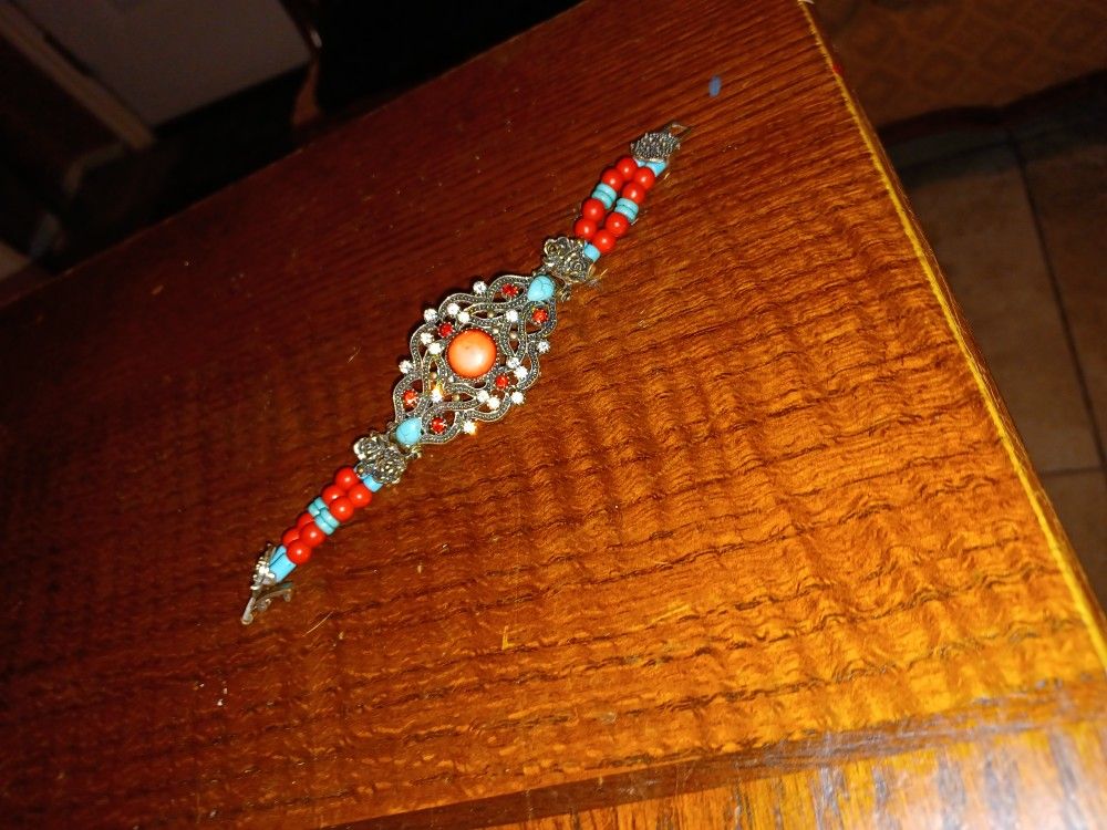 Unique Red,turquoise, Cubic Zirconia  And Artwork Bracelet  