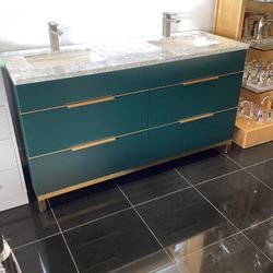 60” Bathroom Vanity Cabinet New Solid Wood Fully Assembled Softclose Drawers Marble Top 2 Sinks Integrated Ready For Pick Up Today