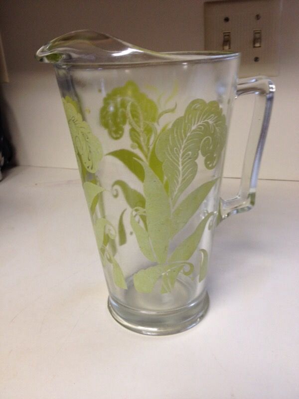 Antique Rose depression glass etchantique yellow stenciled glass pitcher