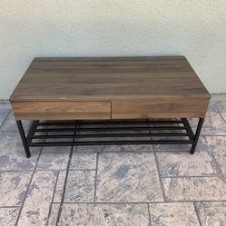 Modern Coffee Table | Can Deliver | Walnut Veneer | 2 Drawers + Lower Shelf | Black Metal Frame