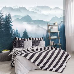 Foggy Forest Pine Scenery Fabric Wallpaper 