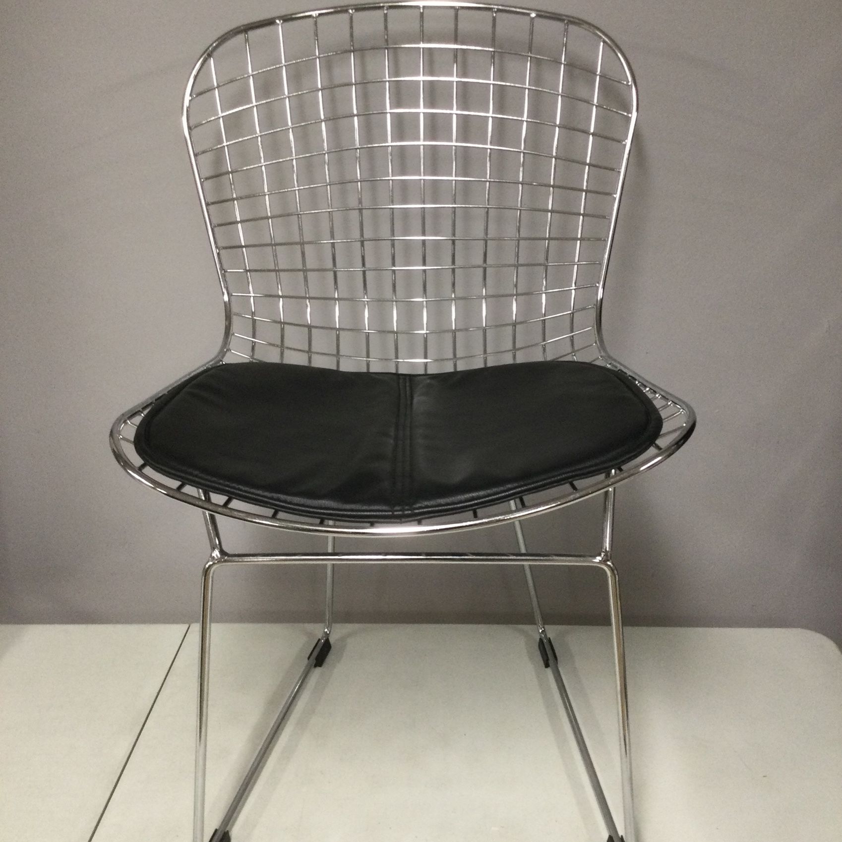Mid century Modern Chrome Wire Dining Side Chair Chrome Frame, Black Leather Pad