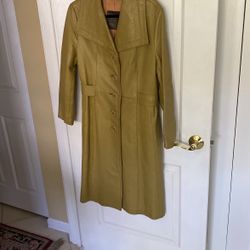  24K Dan di Modes VTG 70's mustard color  Leather Jacket Long Midi Length Button Women's 