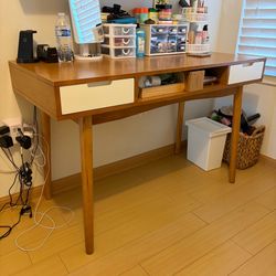 Office computer desk in brown natural wood, 2 drawers + open shelf, 48x22x31