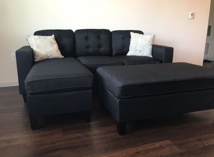 Brand New Black Fabric Sectional Sofa Couch +Ottoman (New In Box) 