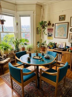 Vintage 60s 70s Round Dining Set MCM Boho Mod Pop Art 5-piece mid-century modern turquoise 42-in