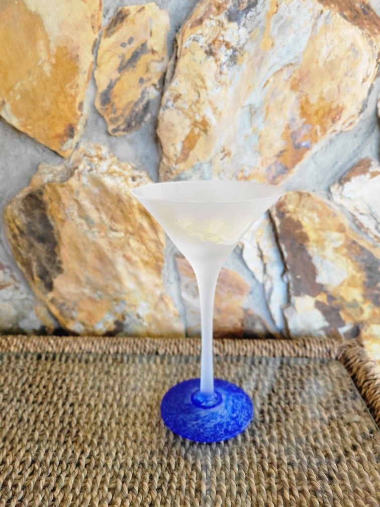 Vintage Grey Goose Vodka Frosted Martini Glass Blue Speckled Base 7.5"x 4.25 inches