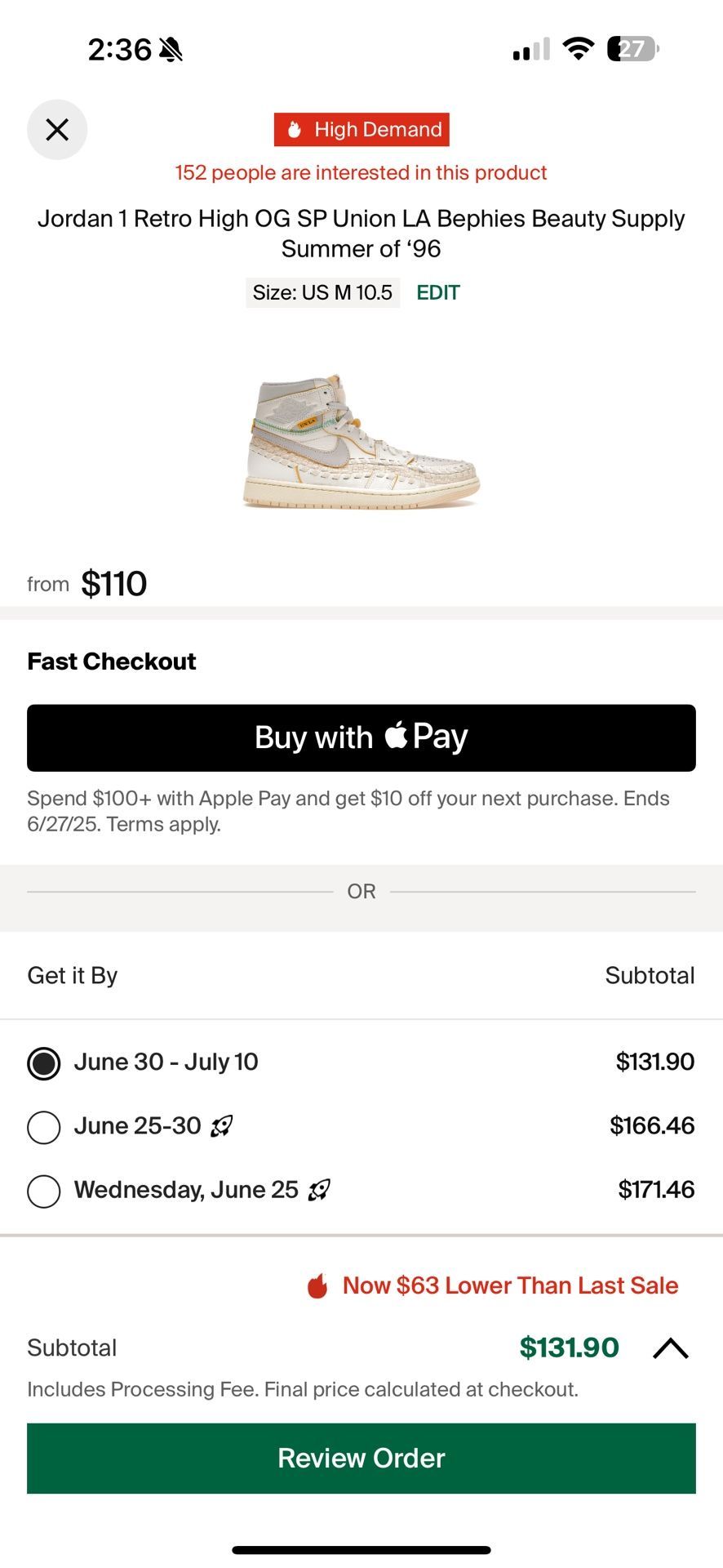 Jordan 1 Retro High OG SP Union LA Bephies Beauty Supply Summer of '96