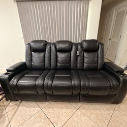 Premium Leather Reclining Sofa + Loveseat Set – Cup Holders, Storage Arms – Recline Needs Repair – $600 OBO