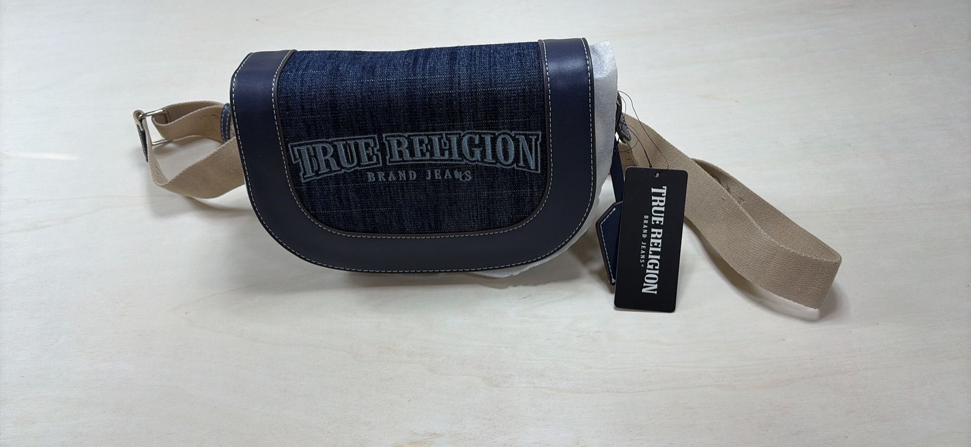 True Religion Denim Faux Leather Crossbody Saddle Bag Blue Tan NWT