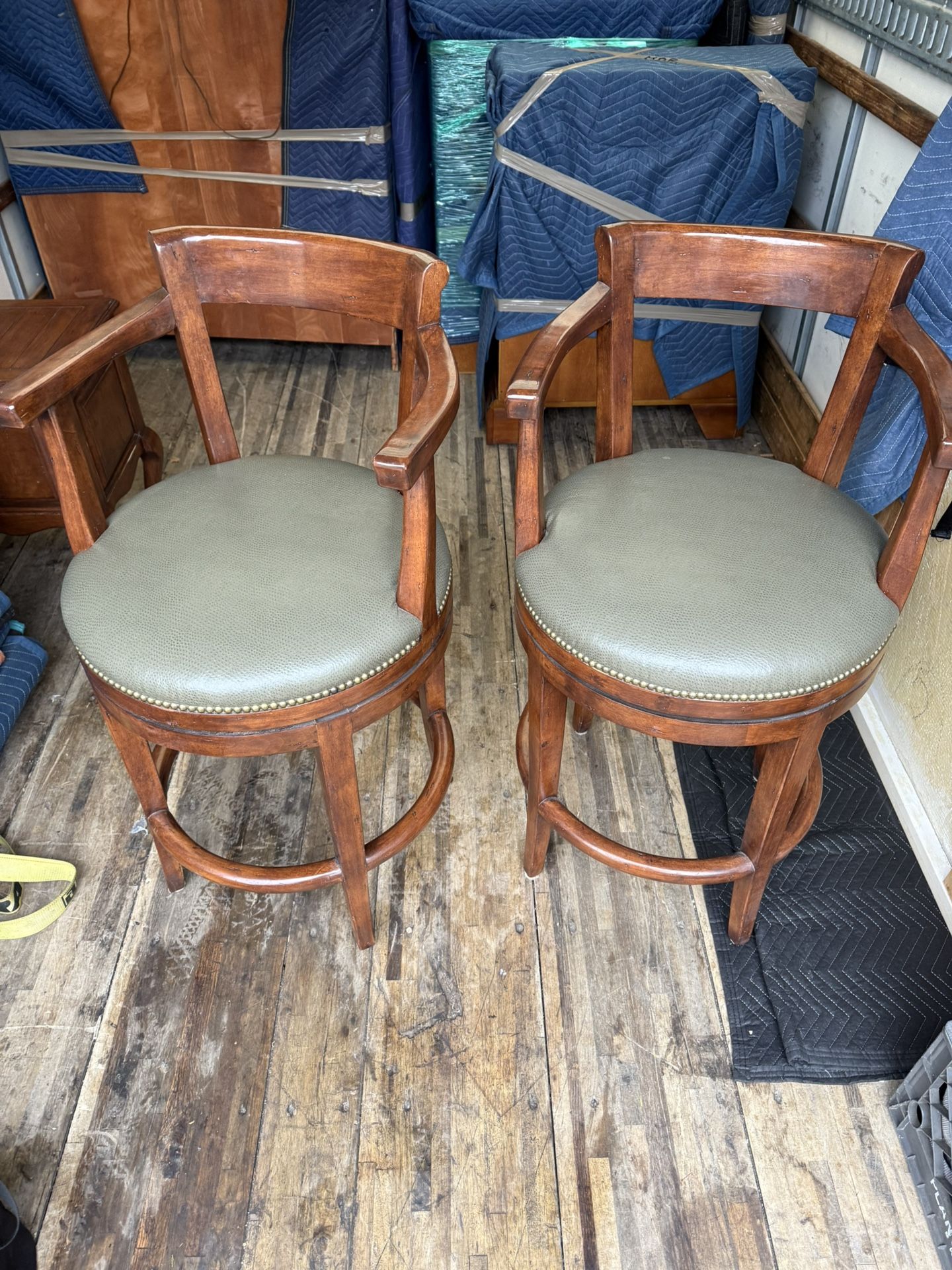 Two Green Leather Barstools
