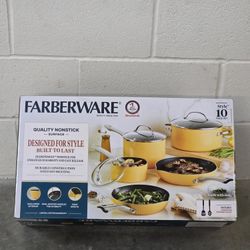 Farberware Style Nonstick Cookware Pots and Pans Set with Cooking Utensils, Dishwasher Safe, 10 Piece - Yellow