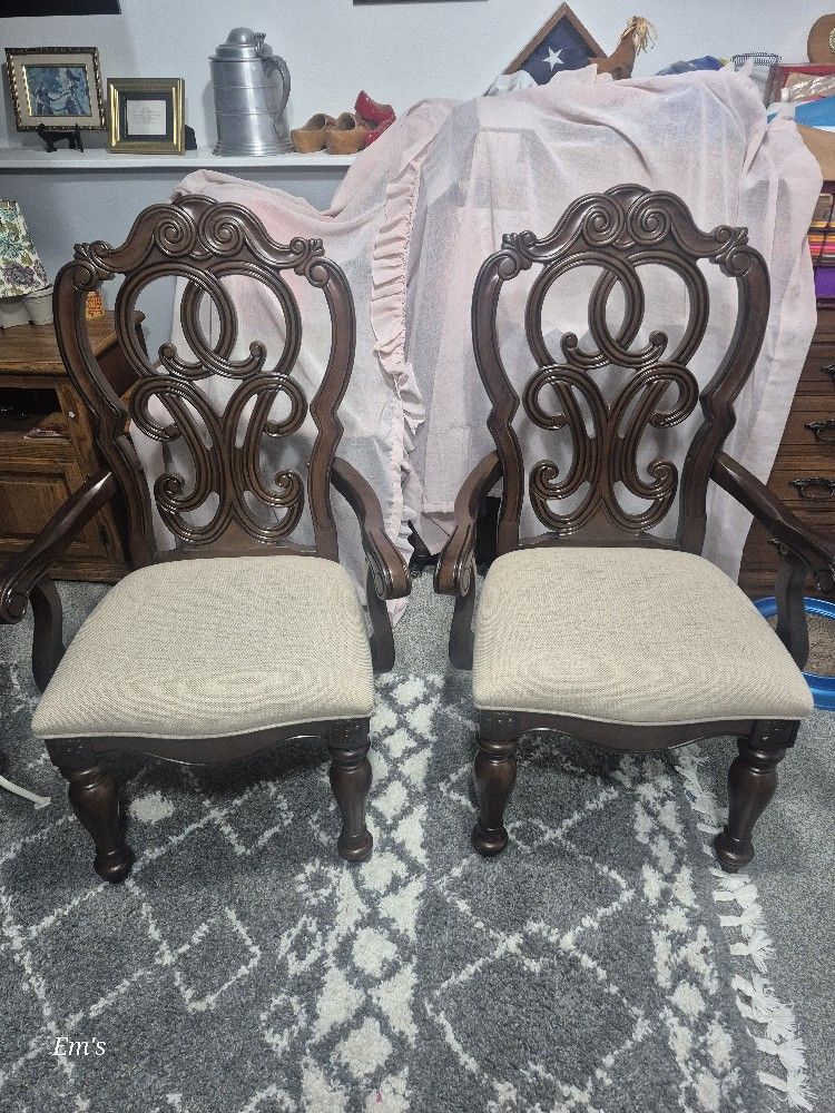 Set Of 2 Chairs, Wood And Twill, For Accent Or Dining Room
