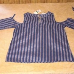 NWT Michael kors Off the Shoulder Pin Stripe Blouse Women's Size Large