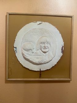 Original Alaskan Native Inuit Eskimo Art: Plaster 3-D RELIEF, Wood frame, hand made
