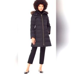 Kate Spade Designer Black Fur Hooded Puffer Coat Jacket Polka Dot Lining 14