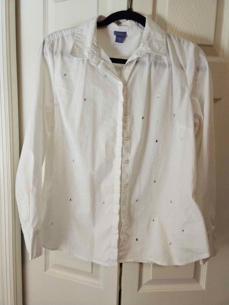 Laura scott white buttoned down blouse with rhinestones