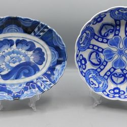 Takahashi San Francisco Japan Oval Hand Painted Bowl & Hand Painted Bue & White Bowl Made In Japan