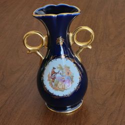 Vintage Limoges Castel France 22K two handles vase with courting couple 
height 7inch. Cobalt blue / Gold. Pre-owned, very good shape