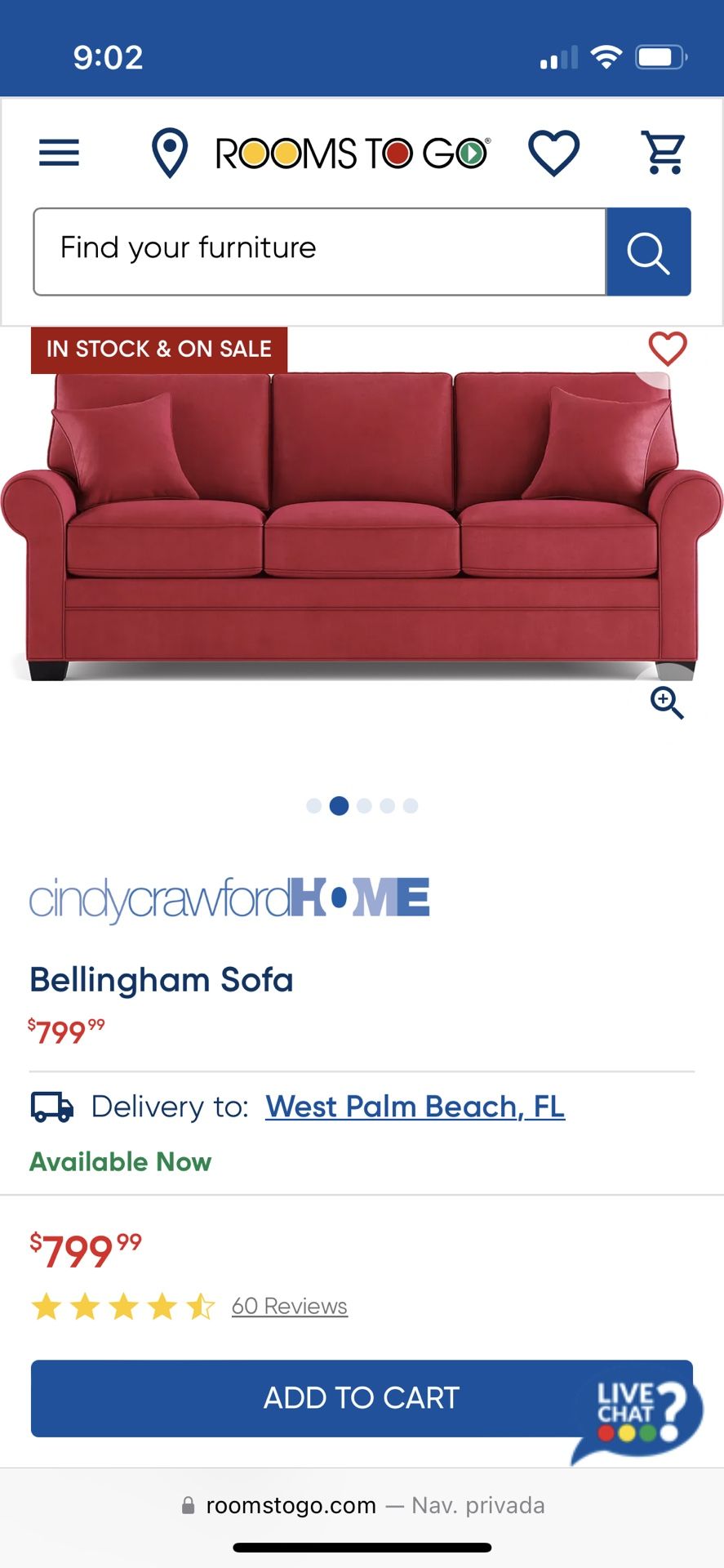 Sofa CindyCrawford Home Bellingham Sofa Red