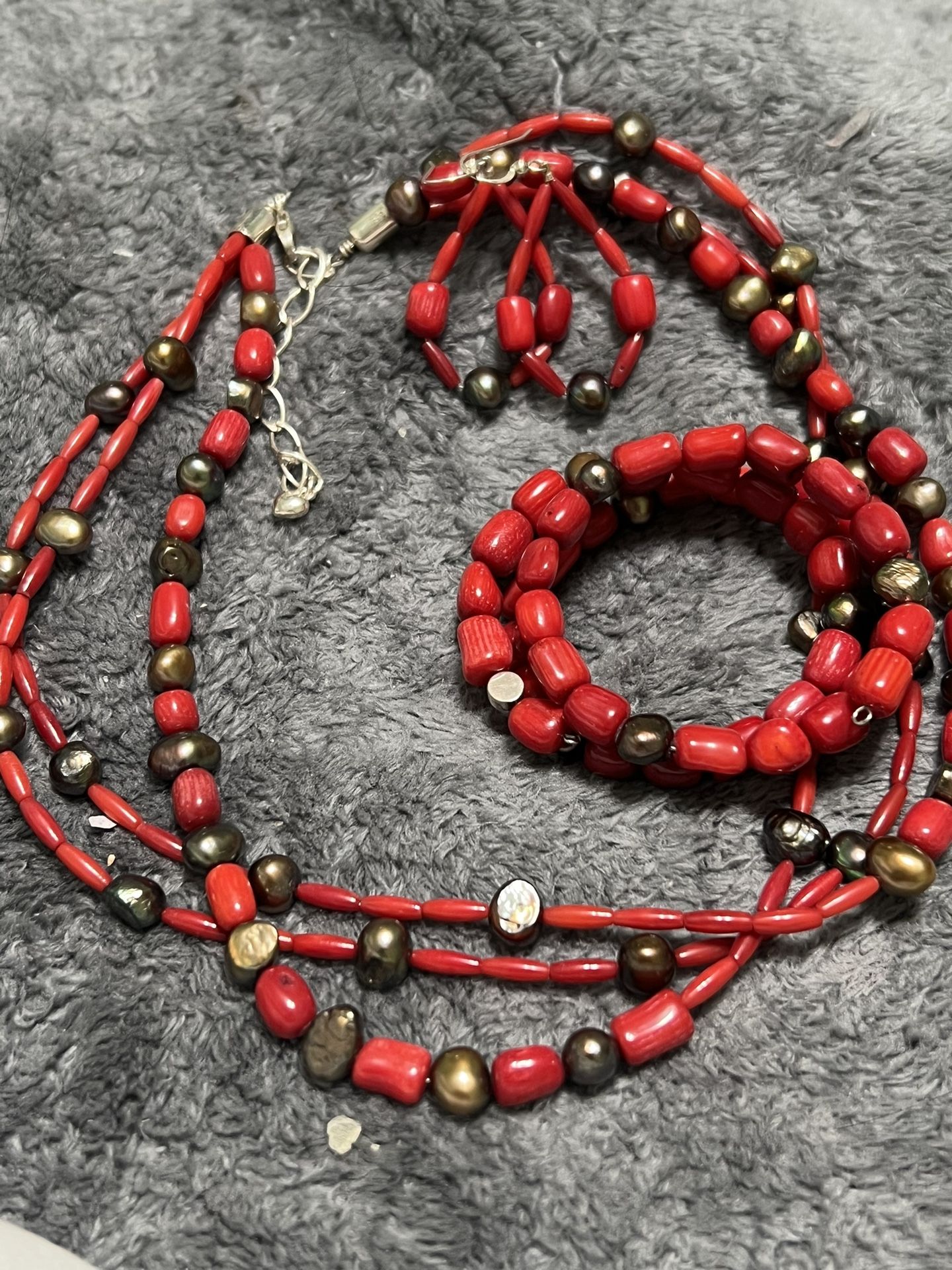Jay King DTR Natural Red Coral Natural Black Pearls 925 Sterling Silver 3 pieces necklace bracelet and earrings set