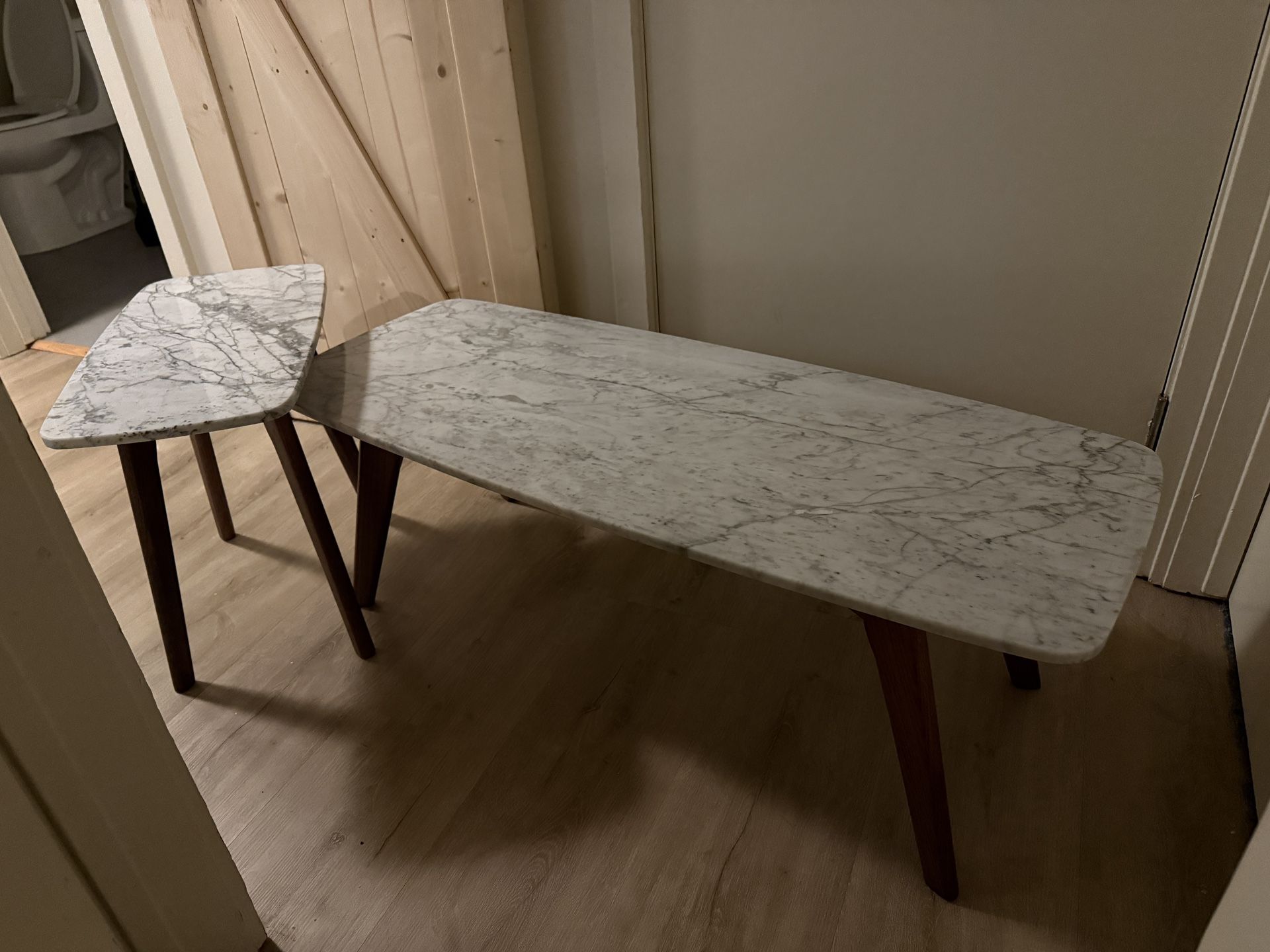 Walnut And Marble Coffee And Side Tables