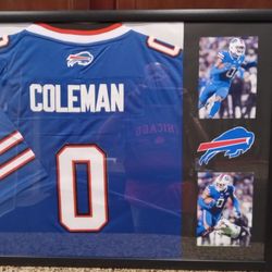 KEON COLEMAN OF THE BUFFALO BILLS, CUSTOM STITCH BRANDED, AUTHENTIC FRAMED JERSEY.