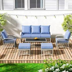 6-Piece Metal Outdoor Roped Sectional Set with Thick Blue Cushion $340